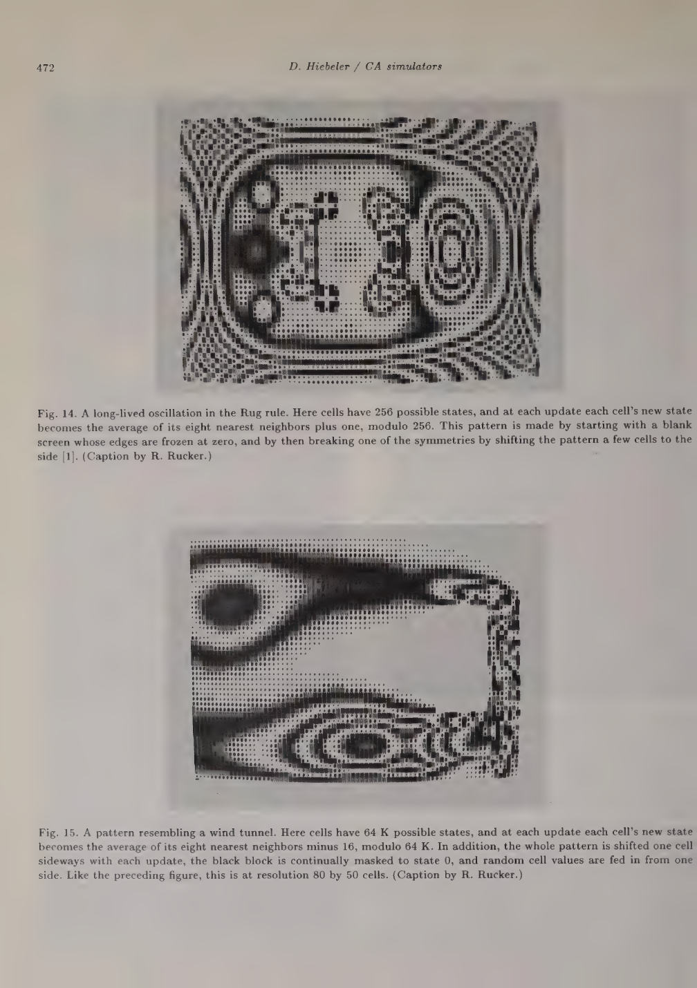 Primary-source scan of the Rug figures page from D. Hiebeler's CA simulators article.