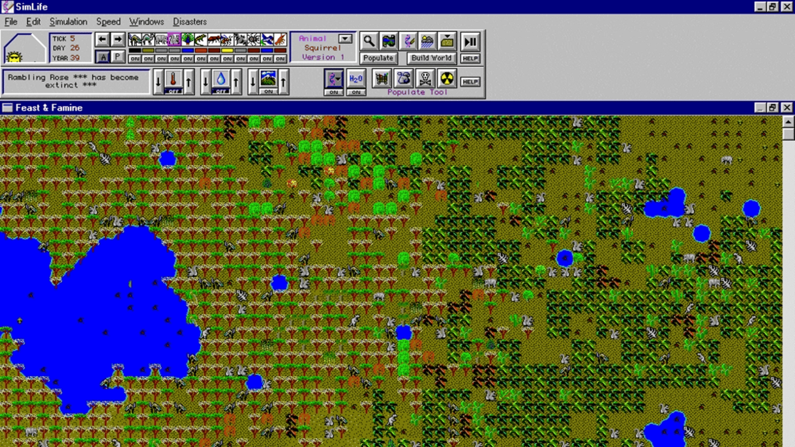 SimLife’s Feast & Famine scenario, with trees and animals around blue lakes and simulation controls across the top.
