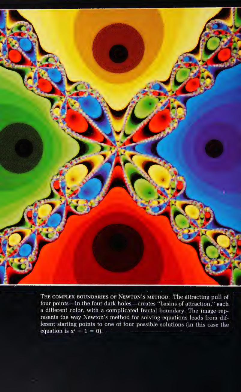 Primary-source scan from Gleick's Chaos showing the complex boundaries of Newton's method and basins of attraction.